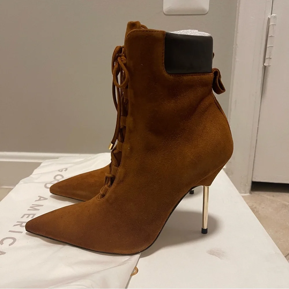 Good American Scandal Brown Suede Lace Up Gold Heel Point Toe Booties